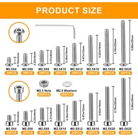 M2.5 Screws Set, 840 Hex Screws with Pan Head Screw, Cylinder Screws Nuts and Washers Assortment Kit, Threaded Screws Cylinder Head Screws, Stainless Steel Screws Set