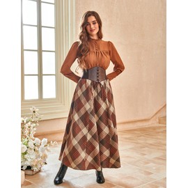Women Long Plaid Skirt High Waist A Line Maxi Tartan Skirt Orange Plaid L