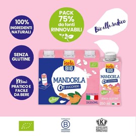 Isola Bio Mandorla On-The-Go Bevanda Vegetale Biologica Multipack, Pratica e Facile da Bere, 100% Ingredienti Naturali, Senza Zuccheri, per Vegani e Vegetariani, Formato 3x250ml