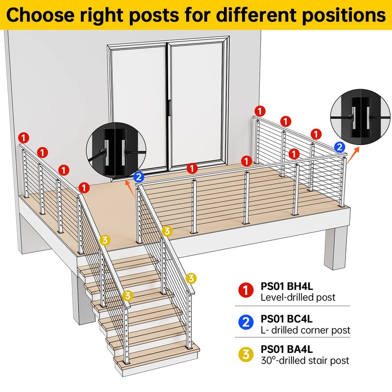 Muzata 30°-drilled Stair Post 42"x2"x2"(Post Body 39") Adjustable Top Cable