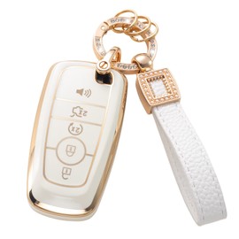 CACARLIKE for Ford Key Fob Cover with Leather Lanyard, Car Key Fob Case Compatible with Ford Edge Escape Expedition Explorer Fusion Mustang Ranger F-150 F-250 Smart Key Protector Holder