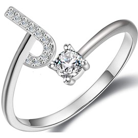 Initial Letter Ring for Women Girls Silver Stackable Alphabet Rings with Initial Adjustable Crystal Inlaid Initial Rings Gifts for Teen Girls（J）