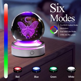 JOASURA LED Butterfly Crystal Ball Night Light,3.15in 3D Dreamy Butterflies Glass Decoration Ball Gifts,Multicolour Butterfly Glass Lights Sphere for Home Decor