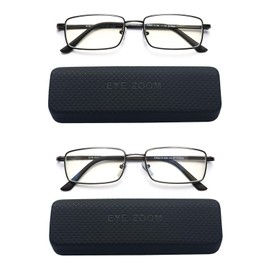 EYE ZOOM Reading Glasses Blue Light Blocking 2 Pack Rectangular Metal Anti Blue Ray and UV Readers, Black, Gunmetal,+3.00