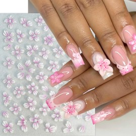 4Sheets 5D Embossed Flower Nail Stickers Hibiscus Flower Nail Art Stickers White Pink Blue Green Flower Nail Decals Self-Adhesive Petal Nail Design Ice Flowers Sticker for Women Manicure Decorations