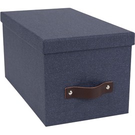 Bigso Silvia Organizational Storage Box | Photo Storage Box with Leather Handle for Shelves and Stacks Easily | Durable and Decorative Storage Boxes with Lids | 5.9″ x 6.5″ x 11.6″ | Blue