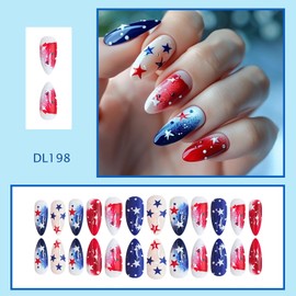 24Pcs Independence Day Almond Tip Press on Nails Medium Stars Patriotic Fake Nails Red Blue Smudge Design July 4th Press Ons Stick on Nail Holiday Artificial Fingernails Glossy Glue on Nail for Women