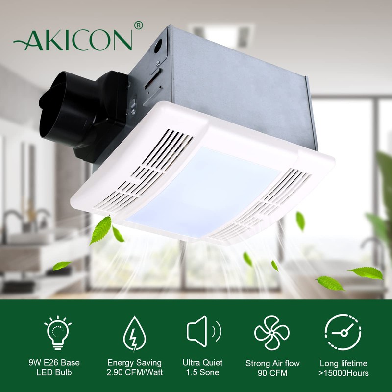 Akicon Bathroom Fan with Light Ultra Quiet 90CFM 1.5Sone Ventilation