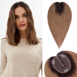 S-noilite Hair Toppers for Women Real Human Hair, 10x12 Upgrade Base Ombre Light Brown Clip in Hair Toppers Remy Hair Toppers for Women with Thinning Hair 12inch 40g #Ombre Light Brown