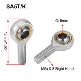 HiPicco SA5T/K Rod End Bearing, 4pcs 5mm Bore Self Lubricating M5x0.8mm Metric Male Thread Right Hand Heim Joint with Jam Nuts
