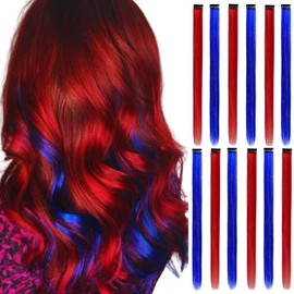 REDMENCO 12 Pieces Red and Blue Hair Extensions Clip in for Kids Girls, 22Inch Long Straight Colored Heat Resistant Synthetic, Streak Extension Clips Ins Play Highlights