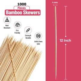 [1000-12''] Natural Bamboo Wooden Skewers for BBQ, Shish Kabob, Appetiser, Fruit, Cocktail, Chocolate Fountain, Grilling, Barbecue, Kitchen, Crafting and Party.