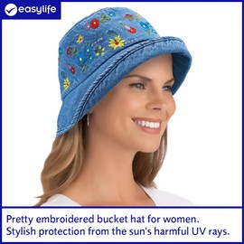 Easylife Embroidered Hat (Blue). Ladies Sun Hat with Roll-Down Brim (One Size). Sun Hat Women Will Enjoy Wearing. Summer Hats For Women. Sun Hats For Women. Women's Sun Hats - Fully Guaranteed | Blue