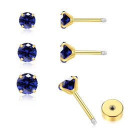 3Pairs CZ Stud Flat Screw Back Earring Studs for Women, Handmade 20G Hypoallergenic Screw Back Cartilage Helix Piercing Stud Earrings (2mm/3mm/4mm Gold, Sapphire CZ)