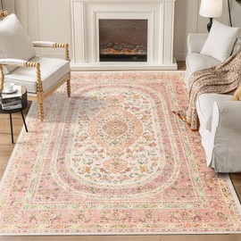 Castage 5x7 Area Rugs Washable,Pink Rug for Living Room Bedroom Kitchen,Large Boho Vintage Bohemian Distressed Farmhouse Carpet Non Slip,Blush Floral