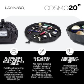 Lay-n-Go Lay-n-Go Cosmo Drawstring Cosmetic & Makeup Bag Organizer - Portable Drawstring Makeup Bag w/Zipper Pocket, Makeup Loops & More - Durable, Machine Washable Makeup Bag for Travel (20”, Black)