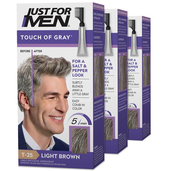 Just For Men Touch of Gray, Mens Hair Color Kit with Comb Applicator for Easy Application, Great for a Salt and Pepper Look - Light Brown, T-25, Pack of 3