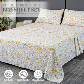 Bedlifes Twin Sheet Set Ultra Soft, Breathable, Silky Flower Deep Pocket 100% Microfiber Bedding, 4 Piece Twin Size Floral