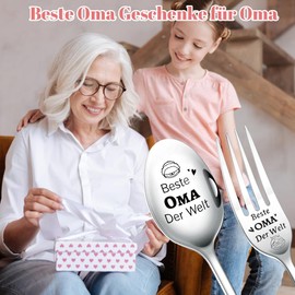 Best Grandma Gifts for Grandma Gift, 2 Pieces Spoon Fork with Engraving Beste Oma Der Welt Mother's Day Gift Stainless Steel Spoon and Fork Set Gift for Birthday Christmas Thanksgiving (for Grandma)
