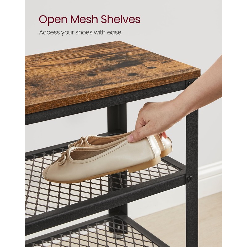 VASAGLE 3-Tier Shoe Rack, Shelf Storage Bench with Metal Mesh