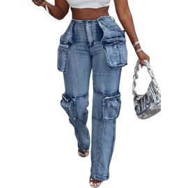 NRTHYE Women Cargo Jeans High Waist Straight Leg Trendy Stretchy Denim Cargo Pants with Pockets