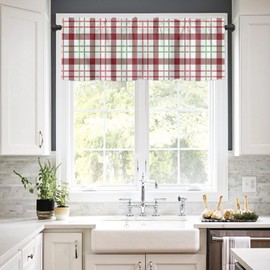 Window Curtains Valances, Christmas Green Red White Plaid Buffalo Check Rod Pocket Cafe Valance Short Curtains for Kitchen, Bedroom, Living Room, 1 Panel, 54X18