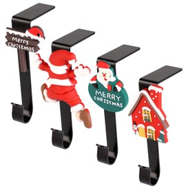 4pcs Christmas Stocking Holders, Santa Claus House Stocking Holders for Mantle Fireplace Stocking Hangers Non-Slip Stocking Hooks for Xmas Holiday Party Decorations