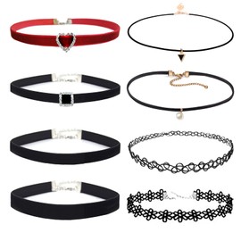 EQLEF Choker Necklace for Women 8 Pcs, Girls Classic Choker Set Red Black Velvet Choker Lace Choker Tattoo Choker Necklace for Daily and Party-8 pcs