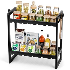 Lenwi Kitchen Countertop Organizer, Bamboo Spice Rack Organizer for Pantry, 2 Tier Kitchen Counter Shelf, Coffee Station Organizer, Black