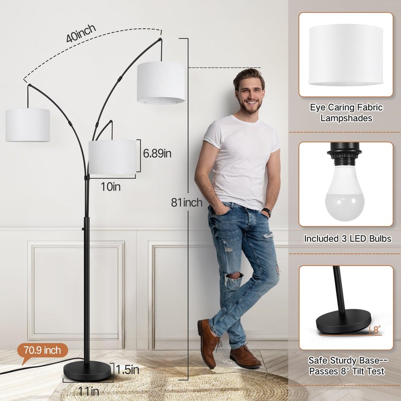 OUTON Arc Led Floor Lamp, Modern Black 3 Light Tall