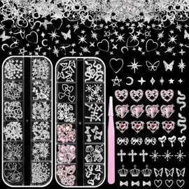 Silver Nail Charms and Gems, Pink Rhinestones Silver 3D Dangle Heart Star Snake Nails Jewelry Charms, Metal Cross Planet Butterfly Bow Alloy Crown Rivet Studs Nail Art Charm for Nails Face Makeup DIY