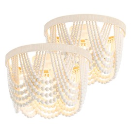 Wuhuyipi 2 Pack Boho Wood Beaded Chandelier,LED Flush Mount Ceiling Light,Farmhouse Rustic White Hemp Rope Chandeliers Fixture for Bedroom,Drawing Room,Kitchen, Entryway,Dining Room(3-Light)