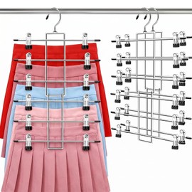 2 Piezas Perchas para Pantalones, Ganchos para Faldas con Pinzas, 6 en 1 Perchas para Falda de Acero Inoxidable, Plegable Ganchos para Pantalones, Gan