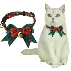 Pet Christmas Cat and Dog Collar, Red and Green Plaid with Bow Tie and Bell, Adjustable 17-34 Inches, Safety Buckle, Holiday Style (Green, 17-34cm)
