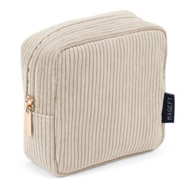 MAGEFY Small Makeup Bag for Purse Mini Cosmetics Bag Corduroy Cute Cosmetic Pouch for Women with Slip-in Pockets (Beige)