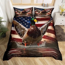 Homewish Hunting Wild Duck Duvet Cover King Size,Vintage American Flag Bedding Set 3Pcs,Nature Animals Comforter Cover for Boys Teens Men Home Decor,Rustic Farmhouse Style Quilt Cover,2 Pillowcases