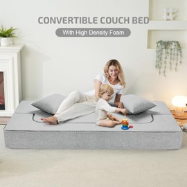 SUYOLS 2-in-1 Convertible Couch Bed with 2 Pillows - Folding Floor Couch & Sleeping Mattress - Washable Cover & Memory Foam Sleeper for Living Room/Guest Room/Home Office/Van Trip, Twin, Light Grey