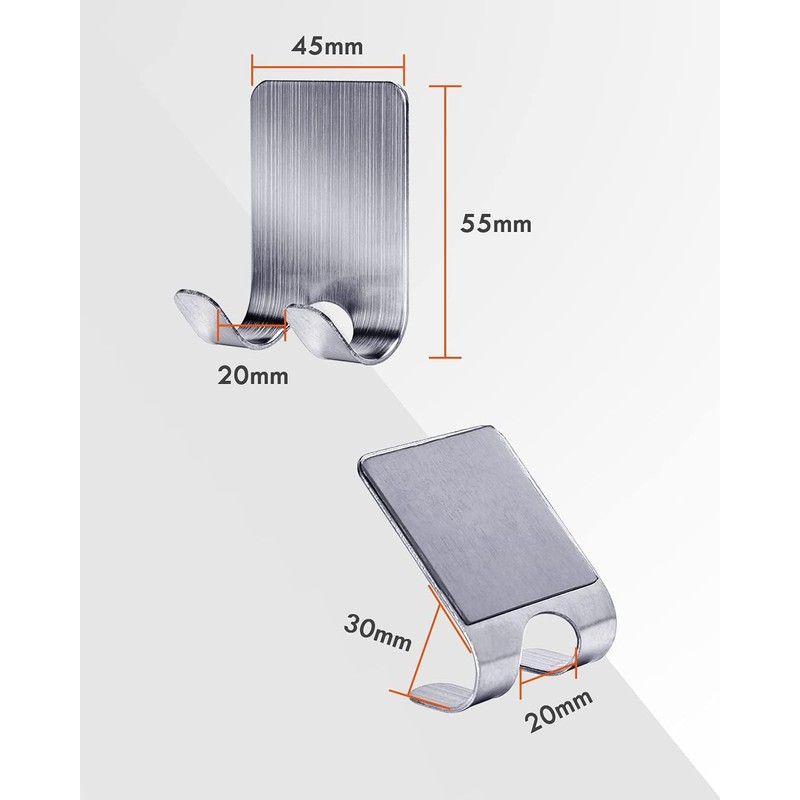 FITALA 304 Stainless Steel Adhesive Wall Hooks, Waterproof Anti-Rust, 45x55mm,