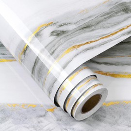 FunStick 24"x200" White Gold Marble Contact Paper for Kitchen Countertop Peel and Stick Contact Paper for Cabinet Wallpaper Waterproof Marble Wallpaper for Bathroom Counter Top Covers Desk Vinyl Wrap