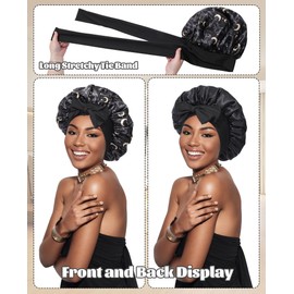 Satin Bonnet Silk Bonnet for Sleeping Silk Sleep Cap Double Layer Hair Bonnet with Elastic Tie Band for Curly Hair Night Cap (Black stars and moon+Black)