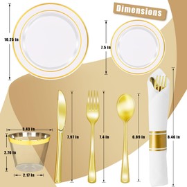 Zcaukya 350 PCS Gold Plastic Dinnerware for 50 Guests, Elegant Disposable Utensils Set with 100 Plates, 50 Pre-Wrapped Napkins, 50 Cups, 50 Spoons, 50 Forks and 50 Knives for Birthday Parties Weddings