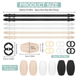FHUIEWRY 18 Pcs Bra Strap Clips Set, 6Pcs Bra Clips Bra Straps Holder and Bra Strap Cushions, Non Slip Elastic Bra Accessories For Women and Girl (Black White Beige)