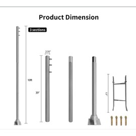 BAFOLLGY Shade Sail Pole,10ft Stainless Steel Pole, 2.35 Inch Diameter, Canopy Pole for Patio Lawn, Deck, Outdoor Leisure, Silver White
