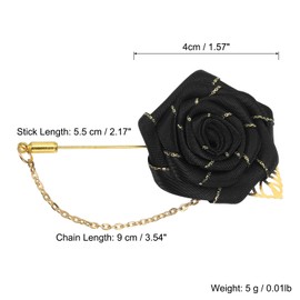 QUARKZMAN Lapel Pin for Men Size: 1.57 Inch Fabric Alloy Rose Flower Needlesuit Lapel Pin with Gold Leaf & Embellishment/Tassel Chain Brooch for Groom Wedding 1 Piece Black