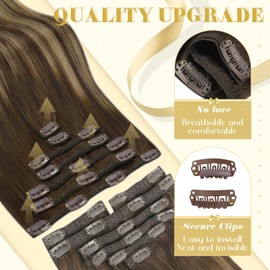 Ve Sunny Brown Clip in Hair Extensions Real Human Hair Balayage Clip in Human Hair Extensions Brown with Caramel Blonde Clip on Hair Extensions for Women 16inch 120g 7pcs