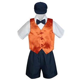 Leadertux 5pc Formal Baby Toddler Boys Orange Vest Navy Shorts Suits Hat S-4T (2T)