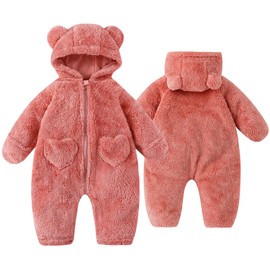 Fohuanky Newborn Baby Bear Pramsuit Warm Fleece Hooded All-in-One Snowsuit Winter Romper for Boys & Girls 0-12 Months (Pink, 0-3 Months)