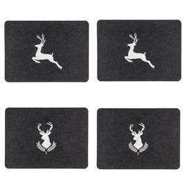 Stag Felt Place Mat Set, 44 x 32 cm, Set of 4, Lightweight, Durable, Wet Rubbed (4 x Black (2 x Deer + 2 x Stag Head))
