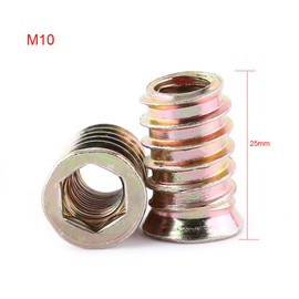 Pack of 20 Screw-In Sleeves, M10 x 25 mm, Made of Galvanised Steel, Threaded Insert, Hexagon Sockets, Screw Thread Nuts for Wooden Furniture