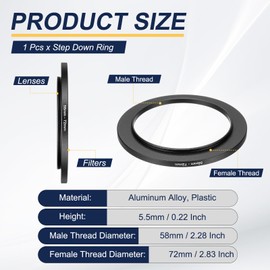 PATIKIL Step-Up Ring Adapter 58mm to 72mm, Filter Step-up Rings Camera Lens Filters Metal Ring Digital for ND IR DSLR Lenses, Black
